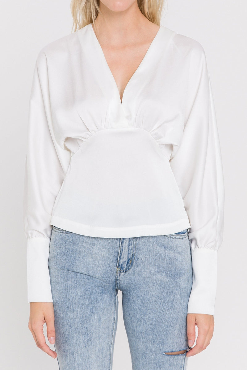 Satin V Neck Shirred Blouse