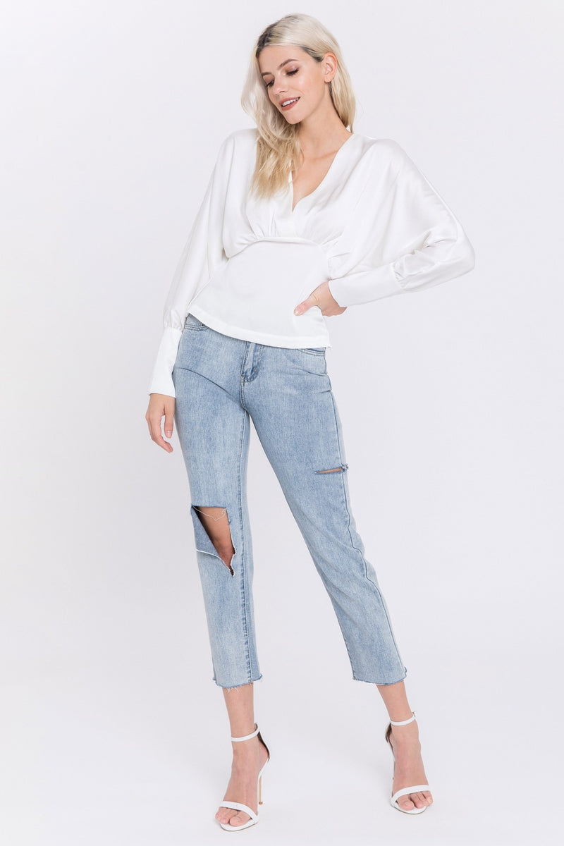 Satin V Neck Shirred Blouse